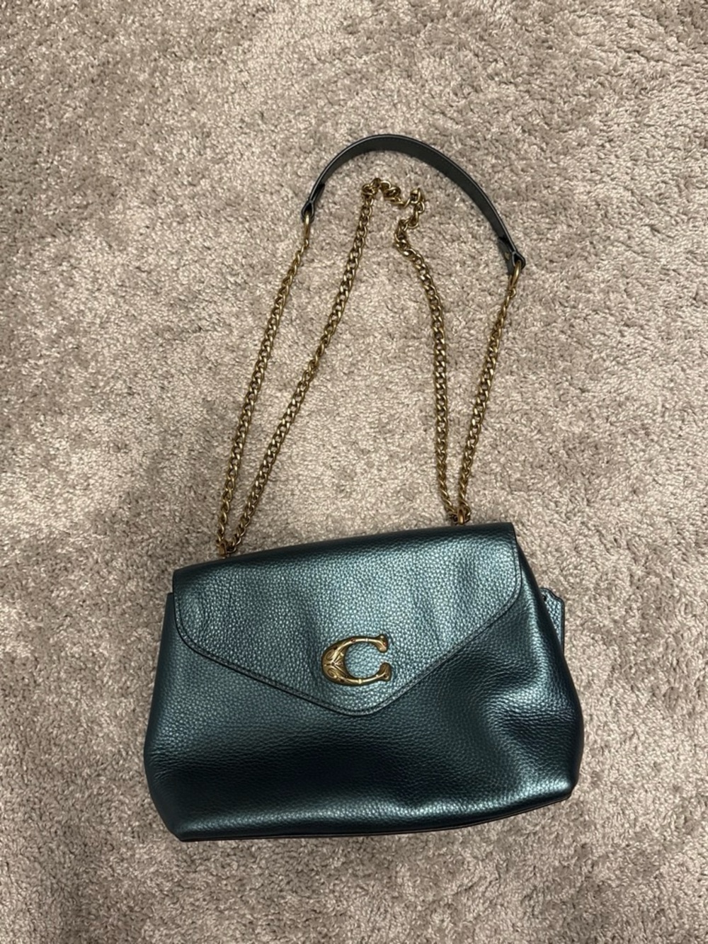 Coach Dark Green Leather Shoulder Bag with Gold Chain